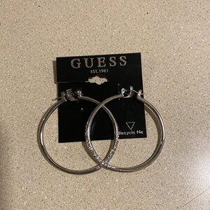 Guess Silvertone Crystal Glass Stone Front Hoop Earrings